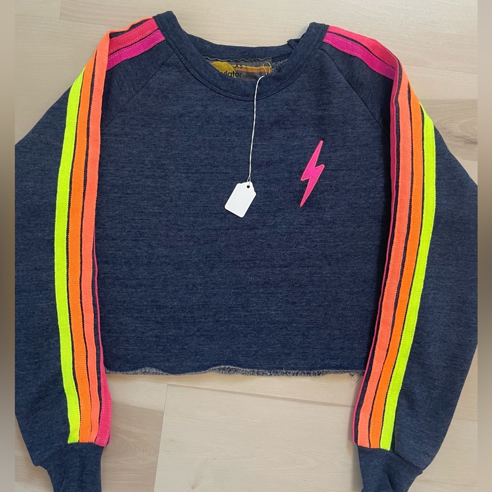 NWTS Aviator Nation Bolt Cropped Classic Crewneck in Heather Navy Neon